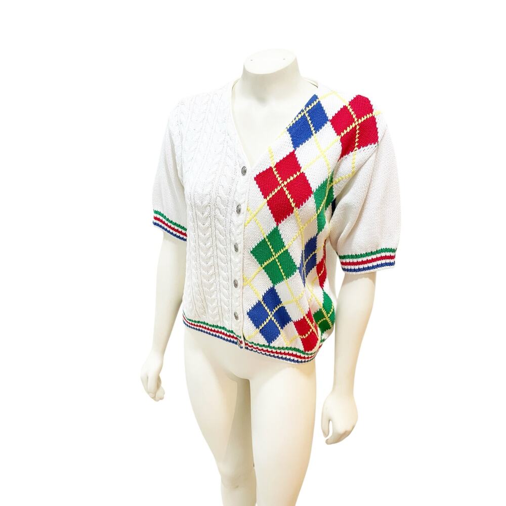 Liz Sport 90s Argyle Cable Knit Short Sleeve Tennis Sweater - Picture 4 of 6